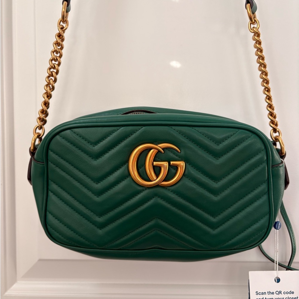 Authentic Gucci Emerald Green Marmont Crossbody Bag with Gold Accents